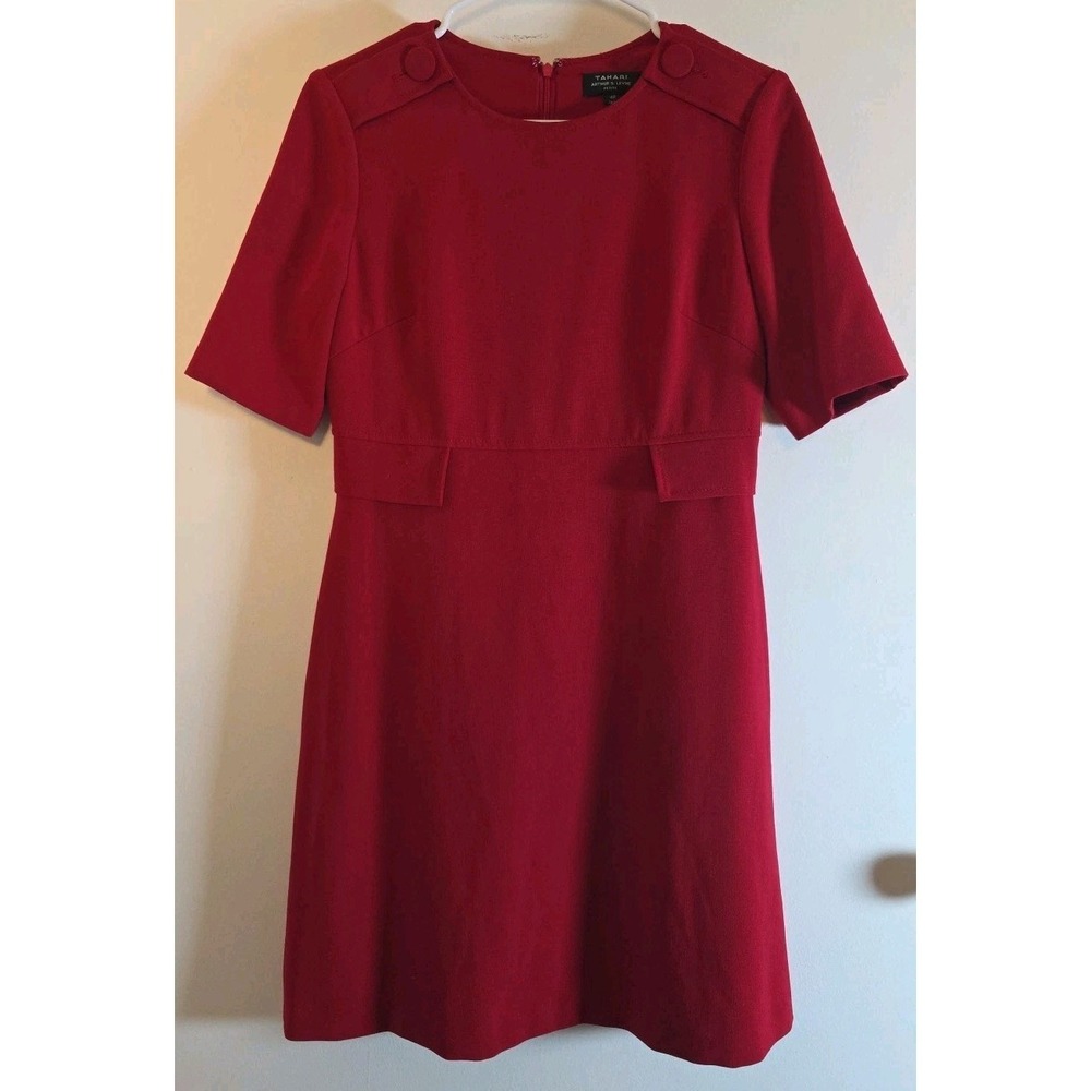 Tahari Arthur S Levine Red Dress Size 4P Faux Pockets Career